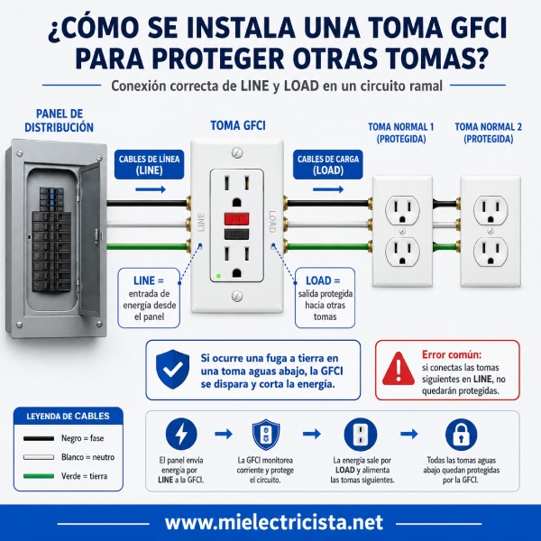 Esquema de toma GFCI que protege otras tomas normales mediante LINE y LOAD