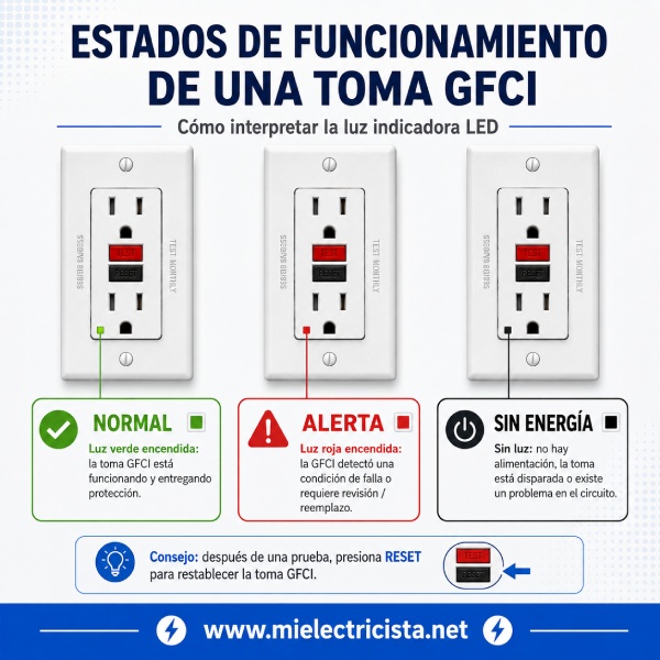 Estados de funcionamiento de una toma GFCI con luz indicadora LED