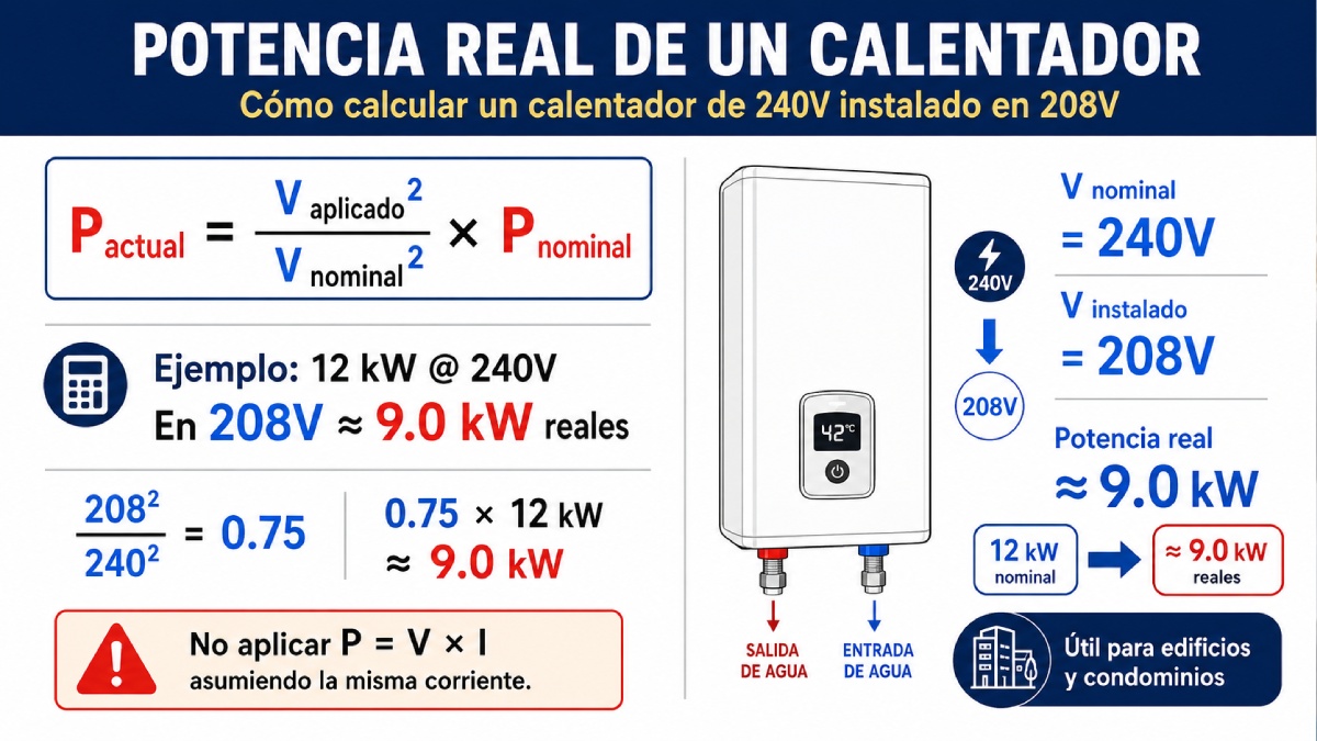 Cómo calcular la potencia real de un calentador eléctrico de 240V instalado en 208V