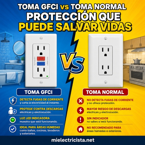 Comparación entre toma GFCI y toma normal para protección eléctrica